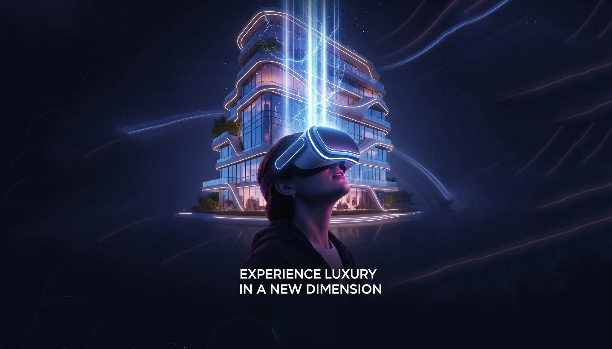 VR architecture visualization of a towering building seen through a headset